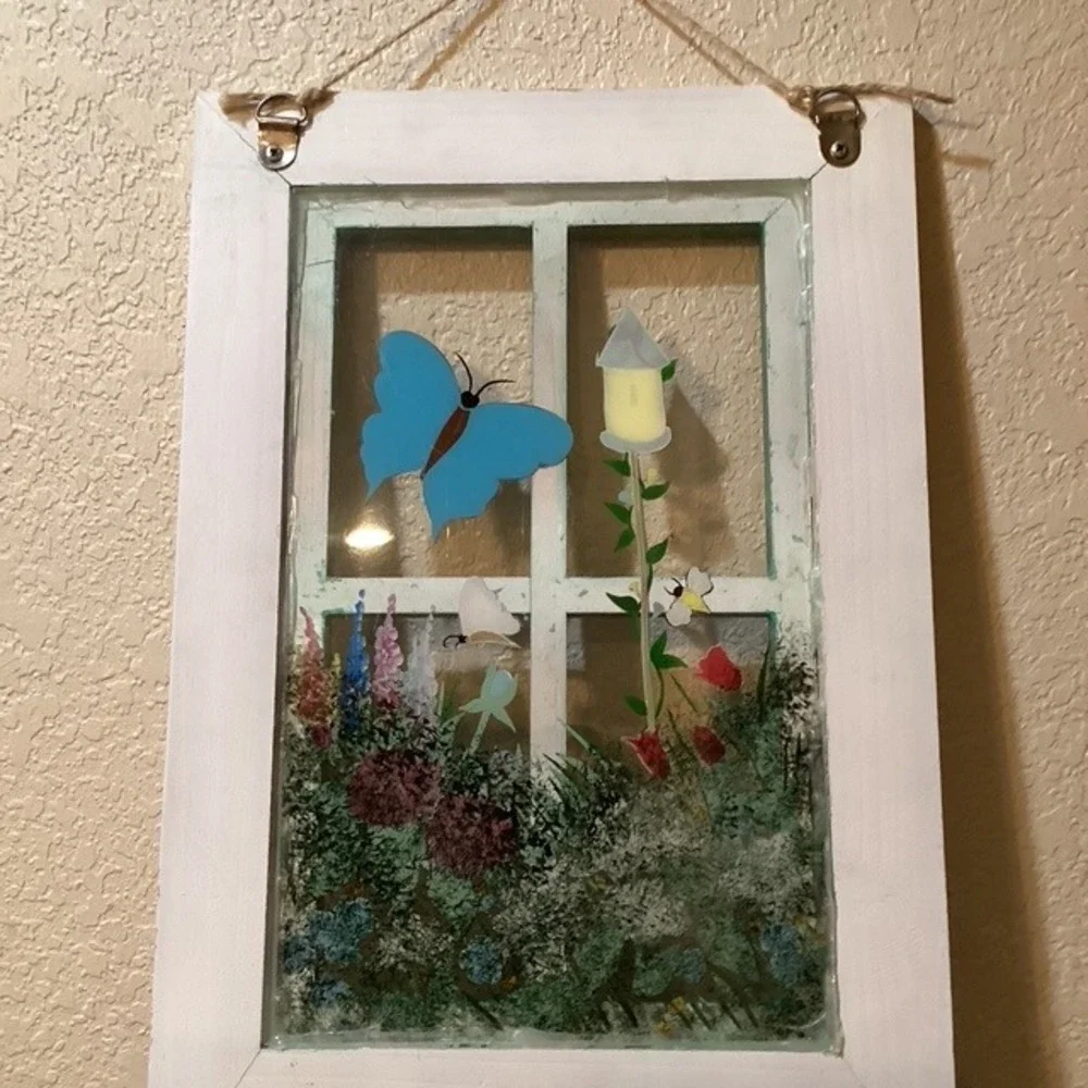 Charming Window Scene Shelf Wall Decor Butterfly Birdhouse‎ Flowers Garden Art